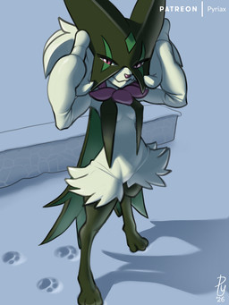 anthro breast_curtains breasts female female_anthro high-angle_view looking_at_viewer outside small_breasts snow solo standing three-quarter_view conditional_dnp pyriax nintendo pokemon generation_9_pokemon meowscarada pokemon_(species) 2026 3:4