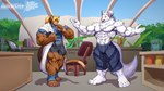 anthro big_muscles biped clothing coat female greenhouse huge_muscles hyper hyper_muscles lab_coat male muscular plantigrade talking_to_another topwear vivarium agonwolfe bat canid canine canis domestic_cat felid feline felis hybrid mammal wolf 16:9 hi_res widescreen