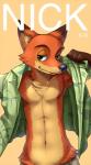 2016 abs anthro athletic athletic_anthro athletic_male canid canine chest_tuft clothed clothing digital_media_(artwork) disney dressing eyebrows fox front_view fur gloves_(marking) green_eyes half-closed_eyes hi_res looking_at_viewer male mammal markings multicolored_body multicolored_fur narrowed_eyes navel nick_wilde open_clothing open_shirt open_topwear raizinndx red_fox shirt simple_background smile solo topwear true_fox tuft yellow_background zootopia