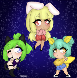 blonde_hair blowing_kiss blue_background boots clothing cosmic_background female footwear green_hair group hair heart_symbol high_heels keruchxn_(kmakesshit) markings purple_eyes red_eyes shoes shy simple_background spots spotted_markings star starry_background teal_hair trio wings x_symbol yellow_body yellow_eyes nickzillakotm comet_(nickzilla) gala_(nickzilla) lune_(nickzilla) animal_humanoid arthropod cat_humanoid domestic_cat felid felid_humanoid feline feline_humanoid felis humanoid insect lagomorph lagomorph_humanoid lepidopteran leporid mammal mammal_humanoid moth rabbit