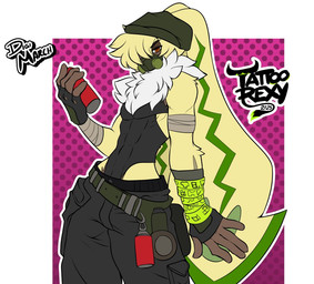 abs anthro athletic athletic_anthro athletic_male beanie belt bottomwear clothing fluffy fluffy_chest fur gas_mask hat headgear headwear leotard long_ears male mask pants ponytail_ears red_eyes solo spray_can yellow_body yellow_fur tattoorexy bandai_namco digimon digimon_(species) lagomorph leporid mammal rabbit symbareangoramon 2025