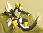 ambiguous_gender back_wings black_body feral fur horn pose solo white_body white_fur wings yellow_eyes yellow_horn icy-marth mythology palworld pocketpair dragon mythological_creature mythological_scalie orserk pal_(species) scalie pinup