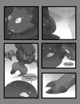 anthro black_and_white canid canine comic dialogue duo english_text generation_4_pokemon generation_5_pokemon greyscale hi_res male mammal monochrome nintendo outside pokemon pokemon_(species) semi-anthro snow tderek99 text weavile winter zoroark