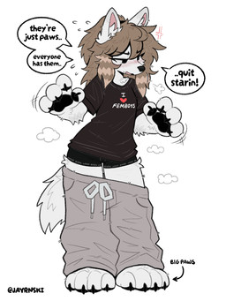 4_fingers 4_toes anthro barefoot big_feet big_hands black_clothing black_pawpads black_shirt black_topwear black_underwear bodily_fluids bottomwear brown_hair claws clothed clothed_anthro clothed_female clothing dialogue eyebrows eyelashes feet female female_anthro finger_claws fingerpads fingers flying_sweatdrops fur grey_bottomwear grey_clothing grey_pants hair inner_ear_fluff oversized_bottomwear oversized_clothing oversized_pants pants pants_falling_down pawpads paws sagging_pants shirt simple_background solo speech_bubble sweat sweatdrop text text_on_clothing text_on_shirt text_on_topwear toe_claws toes topwear tuft underwear wardrobe_malfunction white_background white_body white_fur white_inner_ear_fluff jayrnski fry_(jayrnski) canid canine canis hybrid mammal wolfdog 2026 absurd_res english_text hi_res
