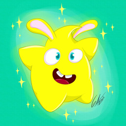 ambiguous_gender blue_eyes blue_pupils buckteeth featureless_crotch featureless_limbs glowing glowing_body light long_ears no_eyebrows noseless open_mouth open_smile pink_inner_ear pupils red_tongue short_arms short_legs simple_background smile solo sparkles teal_background teeth tongue yellow_body yellow_skin mrgametv1994 mario_plus_rabbids_sparks_of_hope nintendo ubisoft starburst_(mario_plus_rabbids) spark_(mario_plus_rabbids) 1:1 2021 colored crossover digital_drawing_(artwork) digital_media_(artwork) english_description full-length_portrait hi_res lighting portrait shaded signature