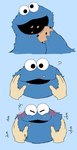 anthro blue_body blue_fur blush cookie duo eating face_squish first_person_view food fur googly_eyes looking_at_viewer male smile squish text asedakuobake gayousi7 pbs sesame_street cookie_monster human mammal hi_res japanese_text