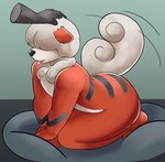 ambiguous_gender anthro bangs big_butt butt covered_eyes disembodied_hand dog_bed duo fangs fur kneeling male male_focus pet_bed petting red_body red_fur smile solo_focus tail tail_motion tailwag teeth tongue tongue_out i_will_dance_only_if_the_beat_is_funky nintendo pokemon generation_8_pokemon hisuian_form hisuian_growlithe pokemon_(species) regional_form_(pokemon) absurd_res hi_res