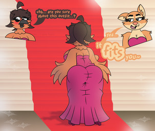 anthro blush butt clothing cutaway dress duo expression_cutaway female mostly_offscreen_character mostly_offscreen_female rear_view solo_focus text juicyberta dreamworks the_bad_guys diane_foxington roberta_puddin_(epsipep) avian bird kakapo parrot strigopoid 2025 absurd_res digital_media_(artwork) english_text hi_res
