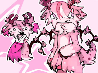 anthro antlers asian_clothing bangs chest_tuft clothing cutie_mark dress ears_down east_asian_clothing female feral flower flower_on_head fur genitals half-closed_eyes highlights_(coloring) hooves horn japanese_clothing markings narrowed_eyes pattern_background penis pink_body pink_fur pivoted_ears plant scut_tail short_tail simple_background sleeves sleeves_past_wrists smile solo spots spotted_markings star tail tuft zephyr_:3 hasbro my_little_pony deer mammal 4:3 hi_res pink_theme trans_(lore) trans_woman_(lore)