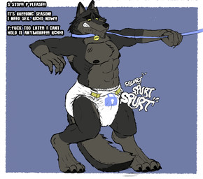 abs ageplay anthro bared_teeth black_body black_claws black_eyebrows black_fur black_nipples black_pawpads blue_background bodily_fluids cheek_tuft claws clothed clothing cum cum_in_diaper diaper dipstick_ears ear_markings erection erection_in_diaper eyebrows facial_tuft finger_claws front_view fur genital_fluids grey_body grey_fur implied_chastity infantilism male male_anthro multicolored_ears muscular muscular_anthro muscular_male nipples pawpads pecs roleplay simple_background solo standing teeth text topless tuft unclean_diaper wearing_diaper white_diaper yellow_eyes blepishepi canid canine canis mammal wolf english_text hi_res