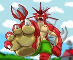 4_toes 5_fingers abs anthro anthrofied blue_sky building chimney clothing cloud countershade_feet countershading feet fin fingers fist foot_fetish foot_focus full-length_portrait generation_1_pokemon green_clothing grey_background gyarados hi_res hindpaw house humanoid_feet imminent_stomp low-angle_view male marine nintendo nipples open_mouth outside paws pecs plant plantigrade pokemon pokemon_(species) pokemorph portrait randytheartdog red_body rooftop sharp_teeth shiny_pokemon simple_background sky smoke soles solo swimming_trunks swimwear tail teeth toes tree water wet_feet white_clouds worm's-eye_view