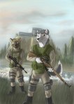 anthro brown_eyes building clothing duo forest gun hk_g3 holding_object holding_weapon lake male military mosin-nagant outside plant ranged_weapon rifle sky sniper_rifle soldier tree uniform warrior weapon wolfyalex96 alaskan_malamute canid canine canis domestic_dog german_shepherd herding_dog mammal nordic_sled_dog pastoral_dog spitz digital_media_(artwork) hi_res medibang_paint_(artwork)