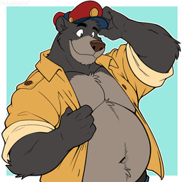 4_fingers anthro belly big_belly chest_tuft clothed clothing fingers fur grey_body grey_fur hat headgear headwear holding_clothing holding_hat holding_headgear holding_headwear holding_object holding_shirt holding_topwear male multicolored_body musclegut muscular muscular_male navel open_clothing open_shirt open_topwear shirt smile solo topwear tuft two_tone_body undressing_self michelangeloaf disney talespin the_jungle_book baloo bear mammal half-length_portrait portrait signature