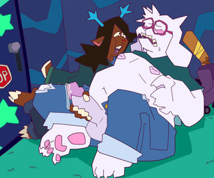 anthro antlers balls barefoot baseball_bat bat_(object) belly big_belly bodily_fluids breasts clothed clothing dominant dominant_female dripping duo eyewear feet female genital_fluids genitals glasses handjob horn male male/female navel nipples obese obese_anthro obese_male overweight overweight_anthro overweight_male pawpads penile penis precum precum_drip questionable_consent sex size_difference submissive submissive_male wearing_glasses peeppepi deltarune undertale undertale_(series) asriel_dreemurr dess_holiday boss_monster_(undertale) deer mammal new_world_deer reindeer