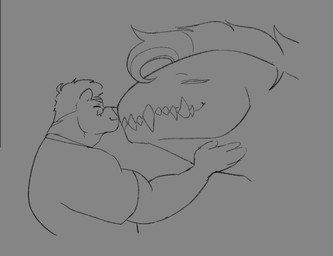 anthro clothed clothing duo eyes_closed feral fully_clothed happy male nose_to_nose sharp_teeth side_view size_difference smile teeth markusd anthony_drescar_(markusd) enti_orasia_(entitropy) monster digital_drawing_(artwork) digital_media_(artwork) monochrome