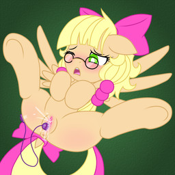 accessory anus blonde_hair blush bodily_fluids bow_(feature) bow_accessory bow_ribbon butt eyewear feathered_wings feathers female feral furgonomics genital_fluids genitals glasses green_background green_eyes hair hair_accessory hair_bow hair_ribbon hooves nude one_eye_closed penetration ribbons sex_toy simple_background solo spread_legs spreading tail tail_accessory tail_bow tail_ribbon vaginal vaginal_fluids vibrator vulva wings he4rtofcourage hasbro my_little_pony mythology fan_character equid equine mammal mythological_creature mythological_equine pegasus 1:1 2014 absurd_res hi_res