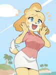 anthro biped blonde_hair blue_eyes bottomwear breasts clothed clothing detailed_background dipstick_tail female hair island markings open_mouth outside pink_hair pupils skirt smile solo tail tail_markings thick_thighs white_bottomwear white_clothing white_sclera white_skirt yellow_body healerart animal_crossing nintendo isabelle_(animal_crossing) canid canine canis domestic_dog mammal shih_tzu toy_dog absurd_res hi_res