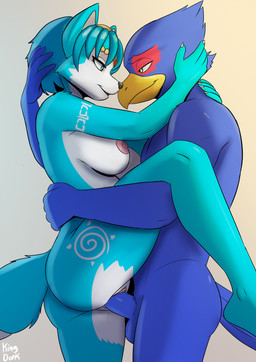 5_fingers anthro anthro_on_anthro anthro_penetrated anthro_penetrating anthro_penetrating_anthro areola balls black_nose blue_body blue_feathers blue_fur blue_hair bodily_fluids breast_grab breasts butt duo feathers female female_anthro female_penetrated fingers fur genitals hair hand_on_breast humanoid_genitalia humanoid_hands humanoid_penis interspecies male male/female male_penetrating male_penetrating_female multicolored_body multicolored_fur nipples nude nude_anthro nude_female nude_male penetration penile penile_penetration penis penis_in_vagina pink_areola pink_nipples sex smile teeth two_tone_body two_tone_fur vaginal vaginal_penetration vulva white_body white_fur kingdorkster nintendo star_fox falco_lombardi krystal_(star_fox) avian bird canid canine fox mammal absurd_res hi_res