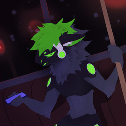 anthro cellphone electronics green_hair hair looking_at_viewer machine male night phone sitting smartphone solo train vehicle emozillastein protogen 1:1 hi_res lineless
