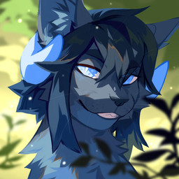 black_hair black_nose blue_eyes blue_horn blurred_background blurred_foreground chest_tuft female feral fur grey_body grey_fur hair horn looking_at_viewer pupils slit_pupils smile solo teeth tuft unsigned white_pupils corzh77 corzh_(corzh77) felid mammal 1:1 absurd_res bust_portrait hi_res icon portrait