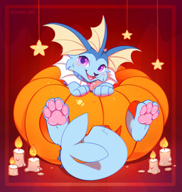 ambiguous_feral ambiguous_gender blue_body blue_collar blue_fur blue_tail candle collar ear_frill fangs feral food frill_(anatomy) front_view fruit fur head_crest head_frill looking_at_viewer open_mouth open_smile pawpads pink_eyes pink_pawpads pink_tongue plant pumpkin pupils purple_pupils simple_background smile solo tail teeth tongue yellow_frill bloominglynx nintendo pokemon eeveelution generation_1_pokemon pokemon_(species) vaporeon digital_drawing_(artwork) digital_media_(artwork) hi_res