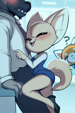 anthro arm_support assertive_female backward_arm_support biped blush bodily_fluids brown_body brown_fur butt closed_smile clothed clothed_anthro clothed_female clothed_male clothing eyes_closed female fingers fur group larger_male leaning leaning_backward male mouth_closed open_mouth open_smile orange_body question_mark side_view size_difference smaller_female smile sweat tail tan_body tan_fur tan_tail trio wildblur aggretsuko sanrio fenneko haida_(aggretsuko) retsuko ailurid canid canine fennec_fox fox hyena mammal red_panda spotted_hyena true_fox 2025 digital_media_(artwork) hi_res