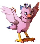 ambiguous_gender beak blue_eyes blue_markings claws eyelashes feathers feral markings pink_body pink_feathers ring smile solo tail tail_feathers toe_claws threehares bandai_namco digimon avian biyomon digimon_(species)