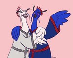 2023 5:4 anthro avian beak bird black_beak blue_body blue_clothing blue_eyes blue_feathers blue_robe clothed clothing cloudpie conditional_dnp digital_drawing_(artwork) digital_media_(artwork) dreamworks duo embrace fan_character feathered_crest feathered_wings feathers flat_colors galliform grey_beak grey_clothing grey_robe half-length_portrait head_crest hi_res kung_fu_panda looking_at_viewer lord_jinn lord_shen male mature_male old open_beak open_mouth peafowl phasianid pink_background pink_tongue portrait red_eyes robe simple_background tongue white_body white_feathers wings
