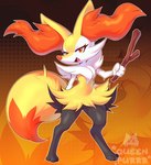 anthro female fur red_body red_eyes solo standing stick yellow_body yellow_fur purrynx queenpurr nintendo pokemon braixen canid canine generation_6_pokemon mammal pokemon_(species)