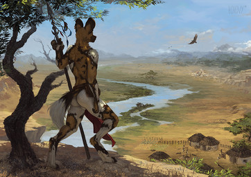 anthro backsack balls barely_visible_genitalia bottomwear butt casual_exposure claws clothed clothing crotch_apron detailed_background digitigrade ear_piercing ear_ring genitals ineffective_clothing ineffective_loincloth landscape loincloth loincloth_only male melee_weapon nature nude outside paws piercing polearm rear_view ring_piercing savanna solo spear tail topless tribal tribal_outfit weapon honovy utunu african_wild_dog canid canine mammal 2017 detailed digital_media_(artwork) watermark