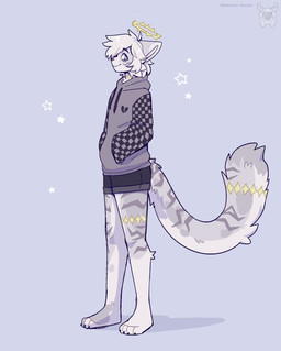 anthro blue_eyes bottomwear checkered checkered_clothing claws clothing dipstick_ears ear_markings fur golden_markings hair halo hand_in_pocket hands_in_both_pockets happy jumper leg_markings male markings multicolored_body multicolored_ears multicolored_fur multicolored_tail neck_markings pattern_clothing paws pockets shorts smile solo standing tail tail_markings thigh_markings toe_claws white_body white_ear_tips white_fur white_hair fleurfurr azrael_(wulfypaws) ambiguous_species 2024 hi_res