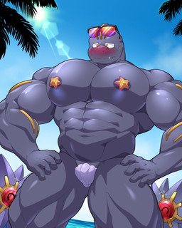 abs anthro areola barazoku biceps blush blush_lines bodily_fluids embarrassed eyewear male muscular muscular_anthro muscular_male nipple_outline obliques outside pasties pecs quads seashell seashell_panties shell sky starfish_(accessory) starfish_on_nipples stocky sunglasses sweat thick_thighs v-cut maldu nintendo pokemon ryuji_kaiyo aquatic asterozoan echinoderm generation_1_pokemon machoke pokemon_(species) starfish starmie 4:5 hi_res