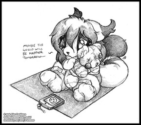 anthro black_border border chibi clothed clothing female footwear fur hair looking_at_object plushie rug sad socks solo tablet_computer teddy_bear text o-kemono pussycat_(o-kemono) domestic_cat felid feline felis mammal 2026 cross-hatching english_text hatching_(art) monochrome shaded