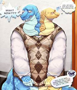 annoyed anthro asking_for_favor blue_body blush clothed clothing conjoined conjoined_twins dialogue embarrassed inside looking_at_another male multicolored_body multicolored_scales nervous overweight overweight_male pantsless pulling_shirt_down scales standing text yellow_body fennecusspes roblox toons_universe guido_and_rossum python reptile scalie snake colored english_text hi_res