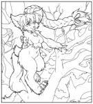 anthro big_ears biped border braided_hair breasts chest_tuft choker claws eyelashes featureless_breasts feet female fluffy fluffy_tail fur hair high_place horn in_tree jewelry long_hair looking_at_viewer navel necklace nude outside pawpads paws plant ribbons smile solo tail tree tuft white_border wide_hips vera_(artist) langurhali 2007 black_and_white monochrome signature source_request