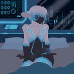 anthro balls bed bedroom black_body blue_body blue_fur blue_hair blush bodily_fluids city city_background cyan_lights cybernetics cyberpunk embarrassed erection foreskin fur furniture genital_fluids genitals gradient_hair hair hi-tech humanoid_genitalia humanoid_penis leaking_precum machine male neon_lights on_bed penis pillow precum sitting sitting_on_bed solo thick_penis tremble_lines vein veiny_penis white_body white_fur white_hair window shyder mi-y0 android bovid caprine mammal robot sheep absurd_res hi_res