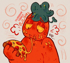 blush bodily_fluids breath eating food fruit half-closed_eyes holding_object male messy_eating narrowed_eyes panting plant simple_background solo strawberry sweat pmpwbrrs blushcrunch_studio dandy's_world roblox sprout_(dandy's_world) elemental_creature elemental_humanoid humanoid toon_(dandy's_world) digital_media_(artwork)