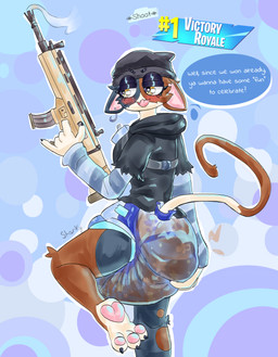 anthro beanie big_diaper black_clothing black_hoodie black_topwear blush clothed clothing dialogue diaper ears_down feces female gun hand_on_diaper hat headgear headwear holding_gun holding_object holding_ranged_weapon holding_rifle holding_weapon hoodie pawpads pivoted_ears pooped ranged_weapon rifle soiled soiled_diaper soiling solo talking_to_viewer text topwear touching_diaper unclean_diaper used_diaper victory_royale weapon wearing_diaper yellow_eyes shar-ky epic_games fortnite meow_skulls calico_cat domestic_cat felid feline felis mammal absurd_res english_text hi_res