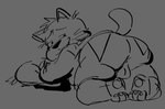 all_fours anthro backsack balls biped butt genitals male overweight overweight_male pillow simple_background solo weebdrawsnasty mappy goro_(mappy) domestic_cat felid feline felis mammal 2022 monochrome