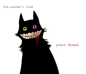 ambiguous_gender black_body black_fur blood blood_in_mouth blood_on_face bodily_fluids creepy creepy_face creepy_smile feral front_view fur humanoid_teeth looking_at_viewer nightmare_fuel pink_eyes simple_background smile solo teeth text white_background yellow_eyes idkwhatswrongwiththi deltarune undertale_(series) friend_(deltarune) felid feline mammal 2026 digital_drawing_(artwork) digital_media_(artwork) english_description english_text hi_res