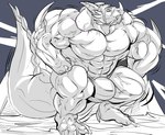 4_toes anthro big_bulge big_muscles bulge clothed clothing fangs feet fist flexing huge_bulge huge_muscles hyper hyper_muscles male muscular plantigrade solo standing tail teeth thick_tail toes underwear underwear_only veiny_muscle fierglief mythology ambiguous_species dragon mythological_creature mythological_scalie scalie 2019 absurd_res hi_res monochrome sketch