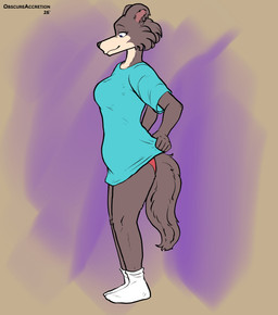 anthro blue_clothing blue_shirt blue_t-shirt blue_topwear clothed clothing early_pregnancy female footwear fur grey_body grey_fur humanoid_hands looking_down looking_down_at_belly looking_down_at_self no_shoes panties pantsless pregnant pregnant_anthro pregnant_female red_clothing red_panties red_underwear shirt socks solo standing t-shirt tail tan_body tan_fur topwear underwear white_clothing white_footwear white_socks obscureaccretion beastars mayternity mayternity_2026 juno_(beastars) canid canine canis mammal wolf 2026 absurd_res digital_drawing_(artwork) digital_media_(artwork) hi_res