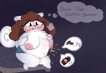 anthro areola belly big_belly big_breasts big_butt bloated blue_background blush bodily_fluids bottomwear bra breasts brown_hair butt clothing eyelashes eyewear female fluffy fluffy_hair fluffy_tail food freckled_arms freckled_belly freckled_breasts freckled_face freckled_legs freckled_shoulders freckled_thighs freckles fur glasses grey_body grey_fur hair huge_breasts long_eyelashes miniskirt nerd nipples office_clothing overweight overweight_female pawpads pink_nose pink_pawpads red_eyewear red_glasses round_glasses rumbling_stomach shortstack shortstack_female shy simple_background skirt solo speech_bubble stuffing sweat sweater tail text topwear underwear white_body white_fur yuka_tanga theo_(yuka_tanga) flying_squirrel japanese_dwarf_flying_squirrel mammal rodent sciurid english_text