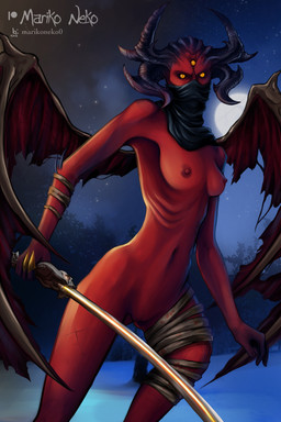 3_eyes breasts female genitals holding_melee_weapon holding_object holding_sword holding_weapon horn leg_wraps melee_weapon membrane_(anatomy) membranous_wings mostly_nude multi_eye nipples not_furry red_body red_nipples red_skin scarf solo sword vulva weapon wings wraps yellow_eyes mariko_neko metal:_hellsinger unknown_(metal:_hellsinger) demon demon_humanoid horned_humanoid humanoid winged_humanoid 2023 2:3 absurd_res hi_res portrait three-quarter_portrait