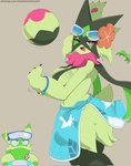 ambiguous_gender anthro ball beach_ball big_breasts blush blush_lines breast_curtains breasts claws duo eyewear fangs female flower_accessory fur green_body green_fur green_hair hair inflatable looking_at_another looking_at_viewer one_eye_closed open_mouth pawpads pink_eyes sarong simple_background snorkel sunglasses swim_ring tail teeth text tongue froofroofroosty nintendo pokemon pokemon_unite beach_style_meowscarada felid feline floragato generation_9_pokemon mammal meowscarada pokemon_(species) 2025 hi_res signature url