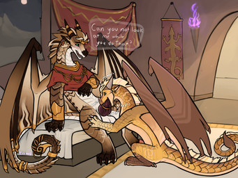 bedroom blush cloak clothing duo fellatio feral gold_(metal) gold_jewelry jewelry knot male male/male oral penile red_cloak red_clothing royalty sex speech_bubble text yellow_body kuueen mythology wings_of_fire mocha_(frost_the_icewing) dragon mythological_creature mythological_scalie sandwing_(wof) scalie 4:3 absurd_res english_text hi_res