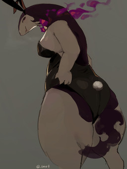4_fingers anthro big_breasts big_butt breasts bunny_costume butt claws clothing costume eyeshadow fake_ears fake_rabbit_ears female finger_claws fingers fire flaming_tail grey_background huge_thighs kemono looking_at_viewer looking_down looking_down_at_viewer low-angle_view makeup multicolored_body open_mouth open_smile playboy_bunny purple_body purple_eyeshadow rear_view red_eyes simple_background slightly_chubby slightly_chubby_anthro slightly_chubby_female smile smiling_at_viewer solo tail thick_thighs white_body sme4 nintendo pokemon generation_8_pokemon hisuian_form hisuian_typhlosion pokemon_(species) regional_form_(pokemon) 2025 absurd_res hi_res portrait three-quarter_portrait watermark