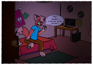 anthro barefoot bed bedroom bodily_fluids border clothed clothing computer crying electronics feet frames fur furniture hair looking_at_viewer male on_bed open_mouth pawpads sad simple_background solo tail tears text white_border rahony feon canid canine fox mammal absurd_res digital_media_(artwork) hi_res japanese_text paint_tool_sai_(artwork) portuguese_description portuguese_text translated