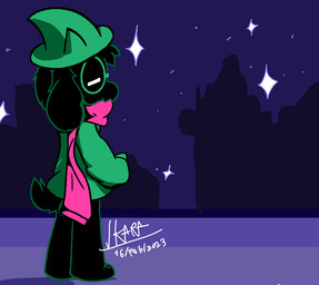 anthro black_body black_fur bottomless clothed clothing coat eyes_closed eyewear floppy_ears fur glasses green_clothing green_coat green_topwear hat headgear headwear male pink_scarf round_glasses scarf scut_tail shadow short_tail sky solo star starry_sky tail topwear wearing_glasses wizard_hat ikarapopsicle deltarune undertale_(series) ralsei bovid caprine darkner goat mammal 2023 cel_shading dated digital_media_(artwork) shaded signature