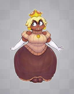 5_fingers alternate_species armwear ball_gown big_eyes black_eyes blonde_hair brown_body brown_clothing brown_skin clothed clothing crown dark_body dark_skin dress female fingers footwear freckles front_view fully_clothed hair headgear headwear humanoidized lips not_furry outline pupils shoes short_hair shortstack solo super_crown tusks underbite white_pupils wide_hips derek_hetrick mario_bros nintendo goomba humanoid brown_theme digital_media_(artwork) full-length_portrait hi_res portrait